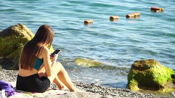 Frau mit Smartphone. Frau halten Vertikale Handy, Mobiltelefon Telefon und wischen oben durch Finger Anwendung Seite gegen Hintergrund von Meer und Strand video