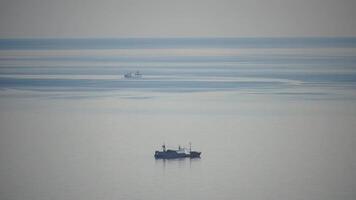 fiske båt trålare fångster fisk medan segling på hav. en kommersiell fiske båt på de horisont i en distans segla till fånga skola av fisk på lugna hav yta i sommar. kommersiell fånga av hav fisk. video