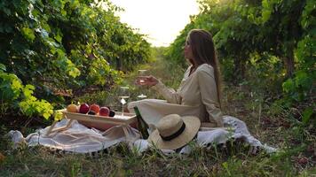 lindo mulher com grandes cabelo bebidas branco vinho a partir de uma vidro às pôr do sol dentro a Vinhedo. uma mulher mão shakes uma vidro do branco vinho um pouco. vinho degustação e vinho fazer conceito. lento movimento video