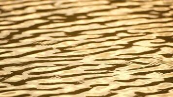 zon reflecterend Aan sprankelend zee meer water oppervlak, oceaan Bij zonsondergang, zonsopkomst. zonnestralen flikkeren in rimpelingen Aan water oppervlak. gouden glinsterende zee golven in zon. langzaam beweging. abstract nautische natuur video