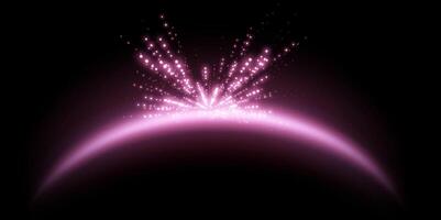 Pink magic arch with glowing particles, sunlight lens flare. Neon realistic energy flare arch.  Abstract light effect on a black background. Vector illustration.