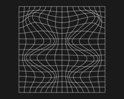 Distorted cyber grid. Cyberpunk geometry element y2k style. Isolated white mesh on black background. Vector fashion illustration.