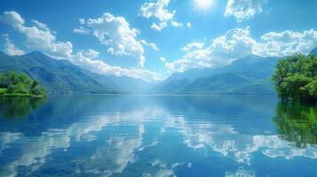 ai generado lago rodeado por montañas debajo azul cielo foto