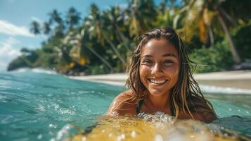 ai generado joven niña sonrisas nadando en Oceano foto