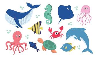 Set with hand drawn sea life animals. vector