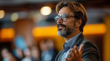 AI generated Man With Glasses and Beard Addressing Crowd photo