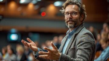 AI generated Man With Glasses and Beard Addressing Crowd photo