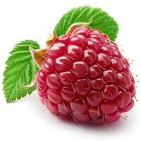 AI generated Raspberry With Green Leaves on White Background photo