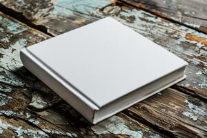 AI generated White Book on Wooden Table photo