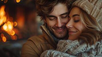 AI generated Man and Woman Hugging by Fireplace photo