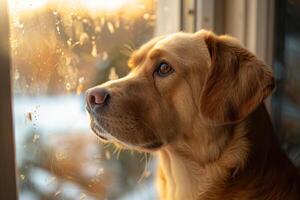 ai generado perro mirando fuera de ventana en nieve foto