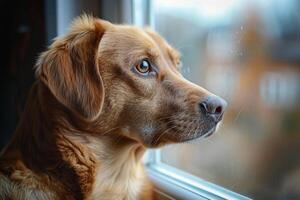 ai generado perro mirando fuera ventana foto