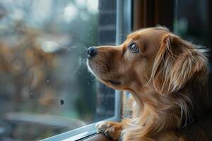 ai generado perro mirando fuera ventana foto