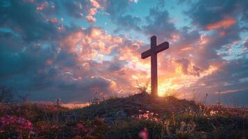 AI generated Cross Standing in a Field of Flowers photo