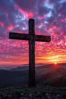 AI generated Cross on Hill at Sunset photo