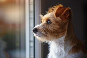 ai generado pequeño blanco perro sentado cerca ventana foto