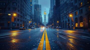 ai generado ciudad calle con amarillo línea foto