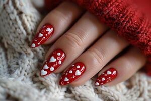 AI generated Womans Hand With Red and White Heart Manicure photo