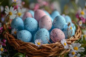 ai generado cesta lleno con azul y rosado moteado huevos foto