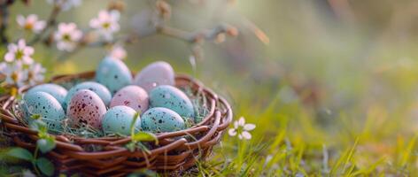 ai generado cesta lleno con azul y rosado moteado huevos foto