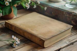 ai generado libro en de madera mesa siguiente a en conserva planta foto