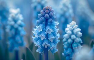 AI generated Group of Blue Flowers With Green Leaves photo