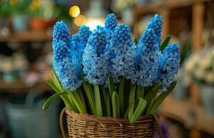 AI generated Vase With Blue Flowers on Table photo