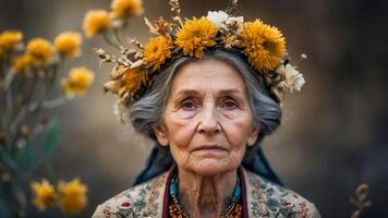 ai generado mayor mujer con un flor corona foto