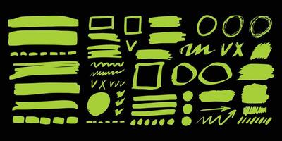 Hand-drawn neon marker highlighters, underline, lines, round, arrows, punctuation marks, tick marks and sketch. vector