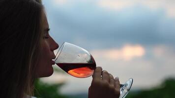 hermosa mujer bebidas rojo vino desde un vaso a puesta de sol en el viñedo. un mujer mano batidos un vaso de rojo vino levemente. vino saboreo y vino haciendo concepto. lento movimiento video