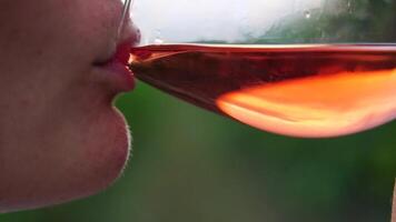 bellissimo donna bevande rosso vino a partire dal un' bicchiere a tramonto nel il vigneto. un' donna di mano scuote un' bicchiere di rosso vino leggermente. vino degustazione e vino fabbricazione concetto. lento movimento video