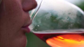 magnifique femme les boissons rouge du vin de une verre à le coucher du soleil dans le vignoble. une femme main secoue une verre de rouge du vin légèrement. du vin dégustation et du vin fabrication concept. lent mouvement video