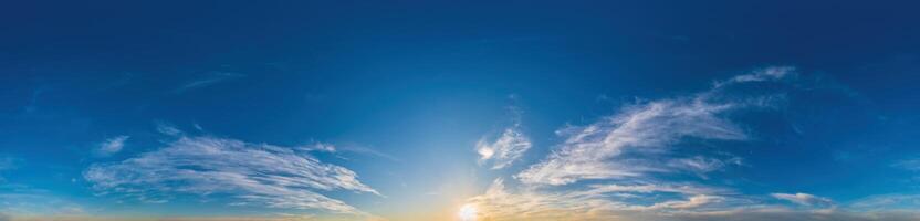 Blue sky with Cirrus clouds Seamless panorama in spherical equirectangular format. Complete zenith for use in 3D graphics, game and for composites in aerial drone 360 degree panoramas as a sky dome photo