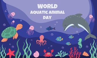 mundo acuático animales día. delfín, tortuga, pulpo, Medusa y peces fueron nadando submarino con hermosa coral y algas marinas vector