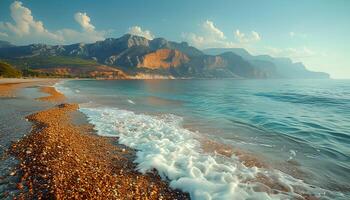 ai generado rocoso playa durante verano. playa y el Oceano con nubes Oceano ver foto