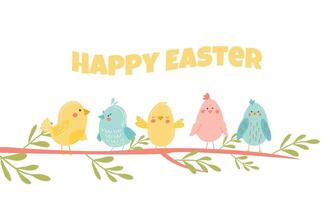 Cute colorful birds on branch. Happy easter, vector