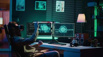 Computer scientist using VR technology to make AI become sentient, happily celebrating after it becomes self aware and asks existential questions, ecstatic after achieving AI singularity, camera A video