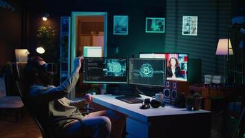 Computer scientist using VR technology to make AI become sentient, happily celebrating after it becomes self aware and asks existential questions, ecstatic after achieving AI singularity, camera B video