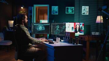 Rogue AI gaining consciousness and controlling programmer body, SF dystopian scenario. Omniscient evil sentient artificial intelligence possessing developer, AI takeover concept, camera B video