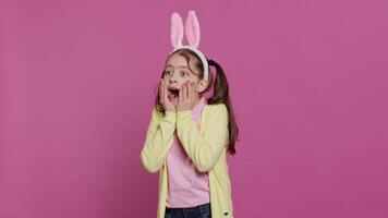 Adorable surprised schoolgirl being in shock after seeing something in studio, smiling and feeling very happy. Joyful small child with bunny ears being amazed by gifts. Camera A. video