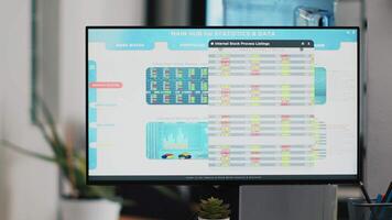 stock portfölj på dator övervaka som innehåller samling av investering obligationer, ömsesidig medel, och Övrig finansiell tillgångar. verklig tid index index som visar stock efterfrågan svalla på pc skärm video