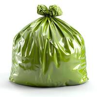 AI generated Green plastic trash bag isolated on white background with shadow. Green trash bag isolated. Trash bag for biodegradable materials photo