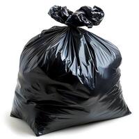 AI generated Black plastic trash bag isolated on white background with shadow. Black trash bag isolated. Trash bag for waste and garbage photo