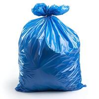 AI generated Blue plastic trash bag isolated on white background with shadow. Blue trash bag isolated. Recyclable garbage bag for waste and garbage photo