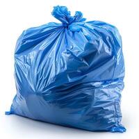 AI generated Blue plastic trash bag isolated on white background with shadow. Blue trash bag isolated. Recyclable garbage bag for waste and garbage photo