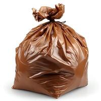 AI generated Brown plastic trash bag isolated on white background with shadow. Brown trash bag isolated. Trash bag for donations photo