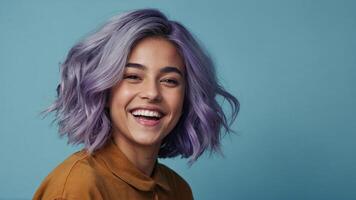 AI generated a woman with purple hair smiling photo