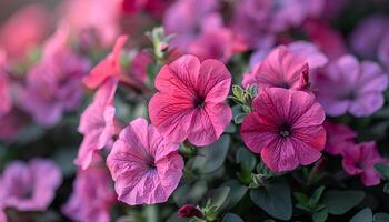 ai generado petunia flores en un jardín. rosado y púrpura flores floreciente durante verano hora en naturaleza. petunia flor foto
