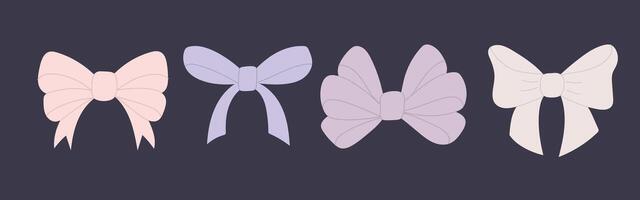 Set of lilac various bows made of wide and narrow ribbons. vector