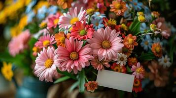 ai generado rosado flores en florero en mesa foto